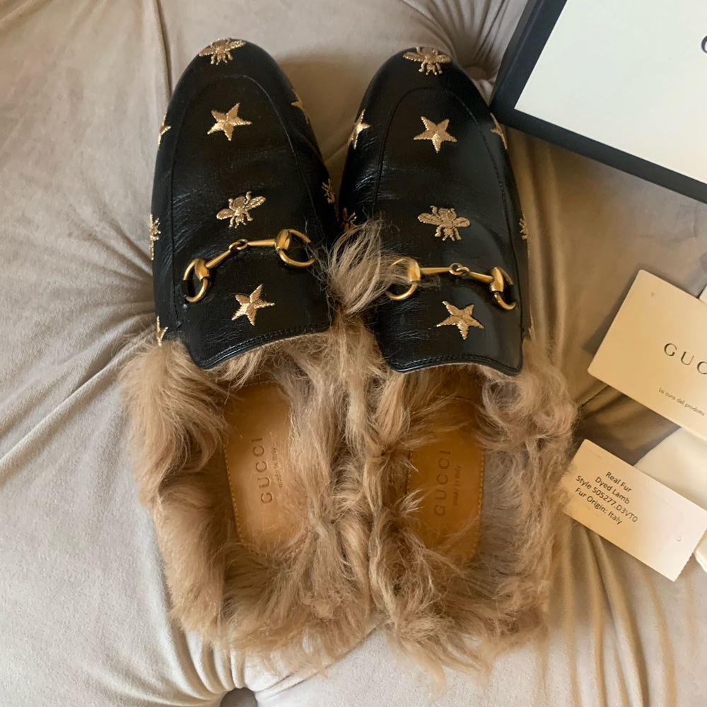 Gucci Princetown Leather Lambs Fur Bees and Stars Horsebit Loafers Flats 9